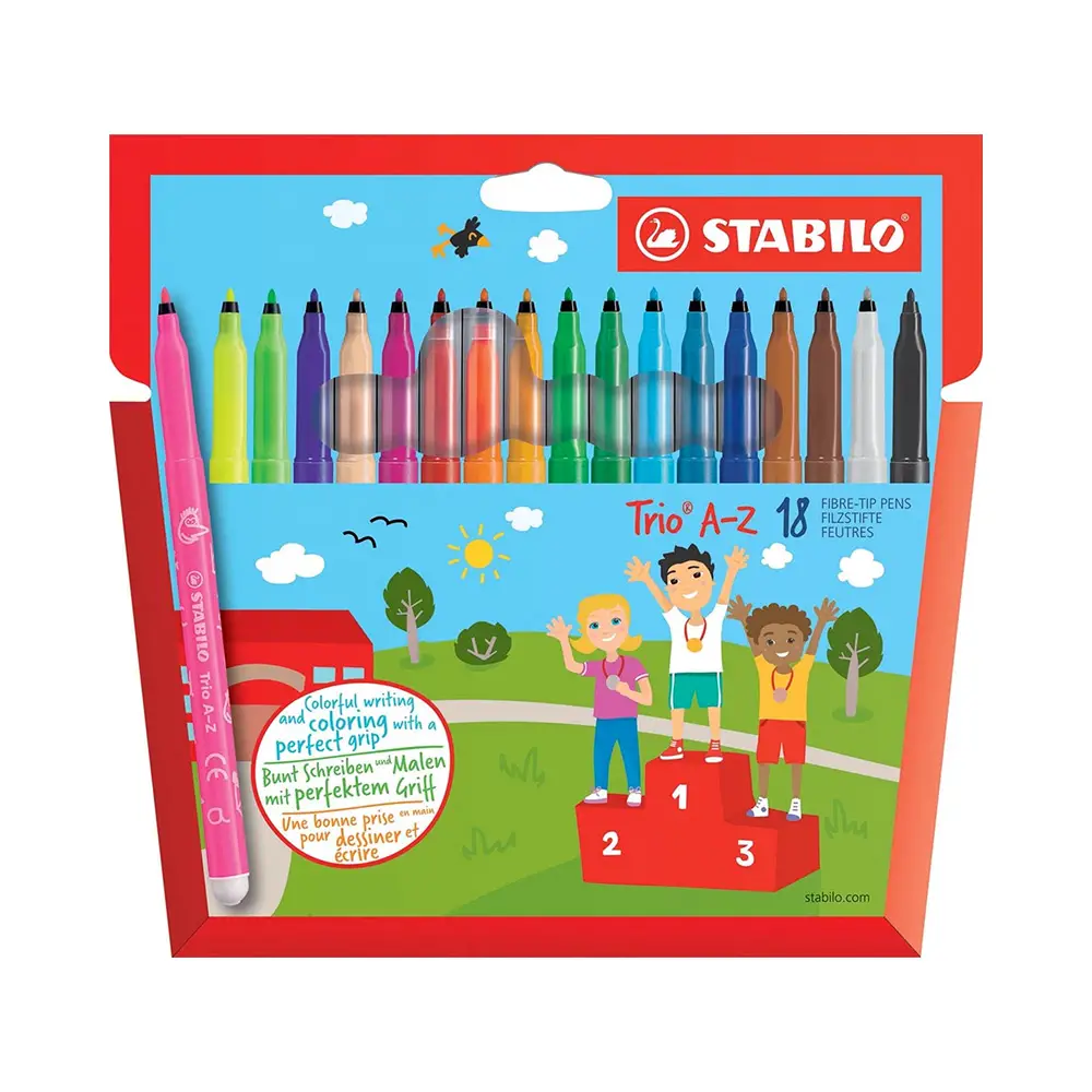 Pennarelli Stabilo Trio A-Z - Punta Fine 0,7 mm - Set 18 Colori Lavabili - Pennarelli