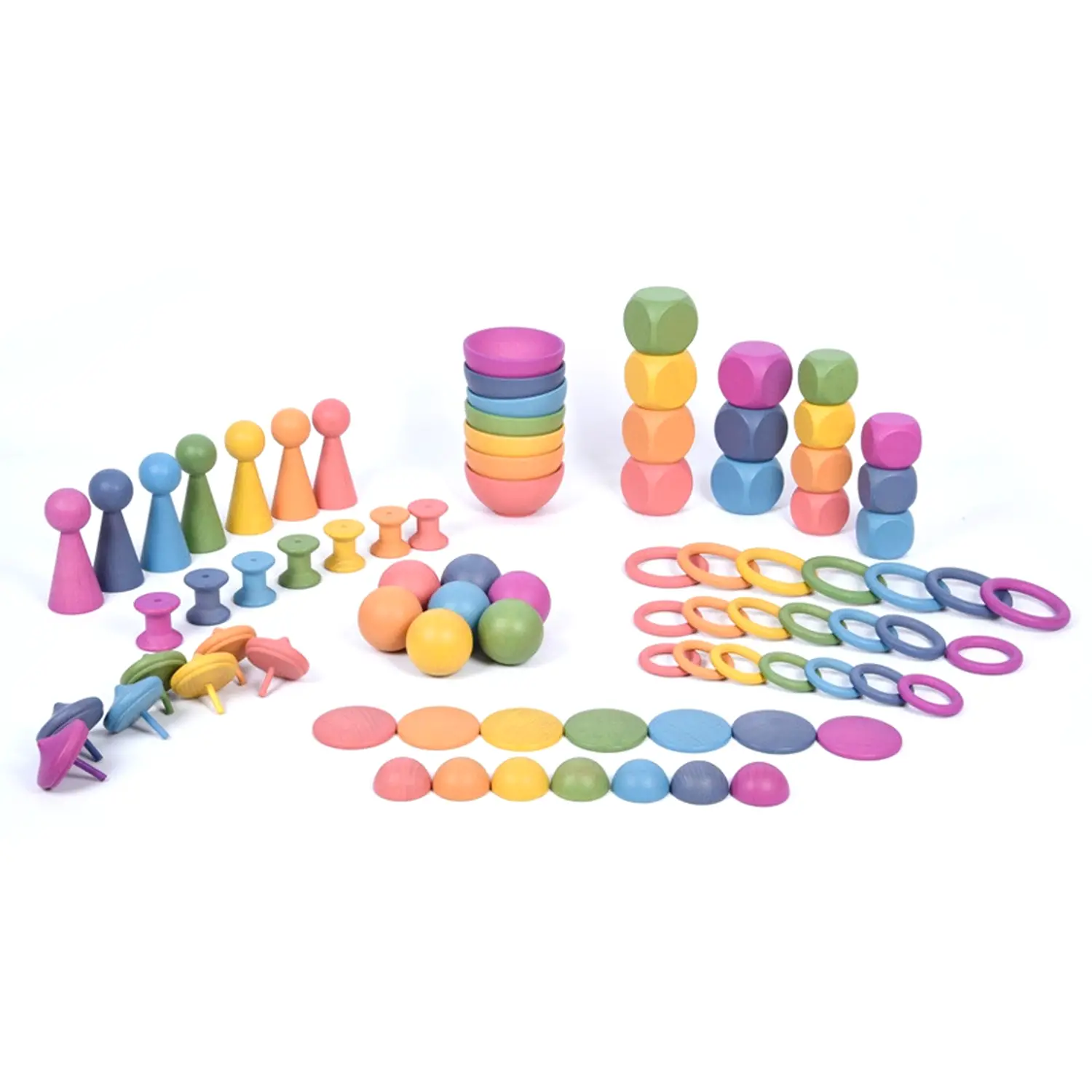 Wooden Rainbow Objects - 84 Piece Set for Heuristic Play - read write count recount