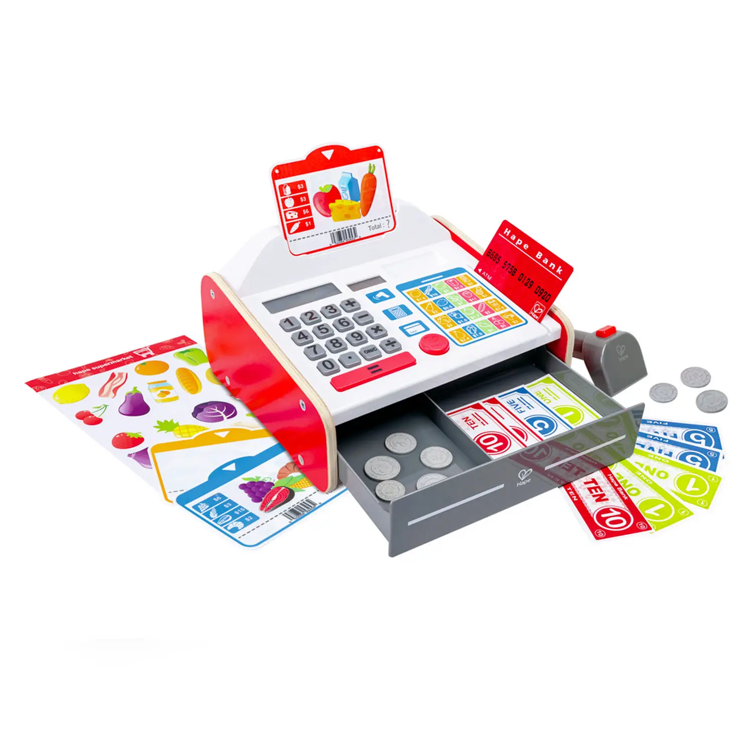 Cassa Supermercato Giocattolo in Legno con Accessori – Hape - Alimenti, mercatini, stoviglie