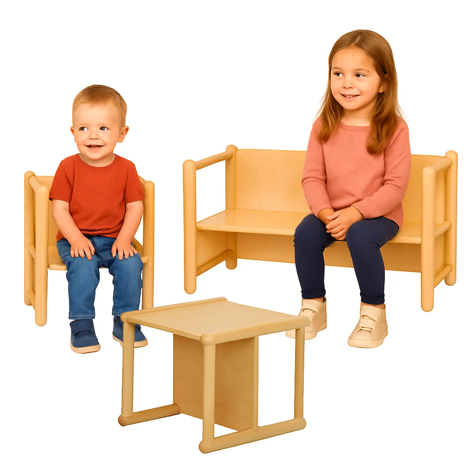 Salottino Pluriuso per Bambini del Nido e della Scuola dell'Infanzia, Set 3 Pezzi - Sedie in legno