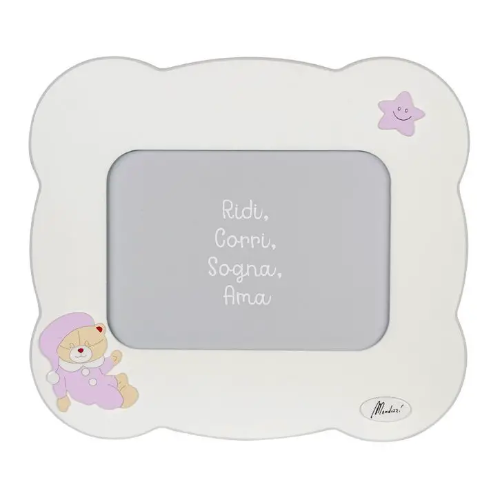 CORNICE PORTA FOTO IN LEGNO BIANCO MARGHERITA CON ORSO ROSA ORIZZONTALE - complementi d'arredo