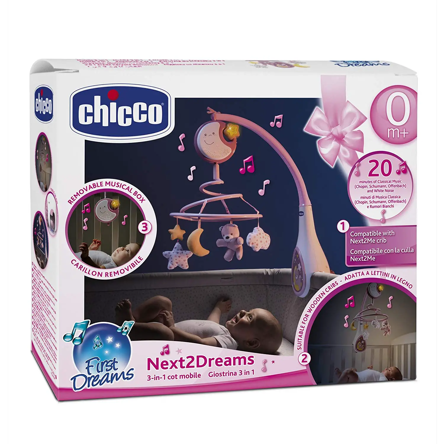 Chicco First Dreams Next2Dreams Mobile Rosa – Giostrina Musicale per Culla - giochi da viaggio