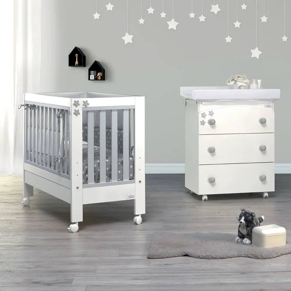 Kit Aladino Bianco/Grigio – Letto, Bagnetto e Tessile con Materasso per Neonati - collezioni