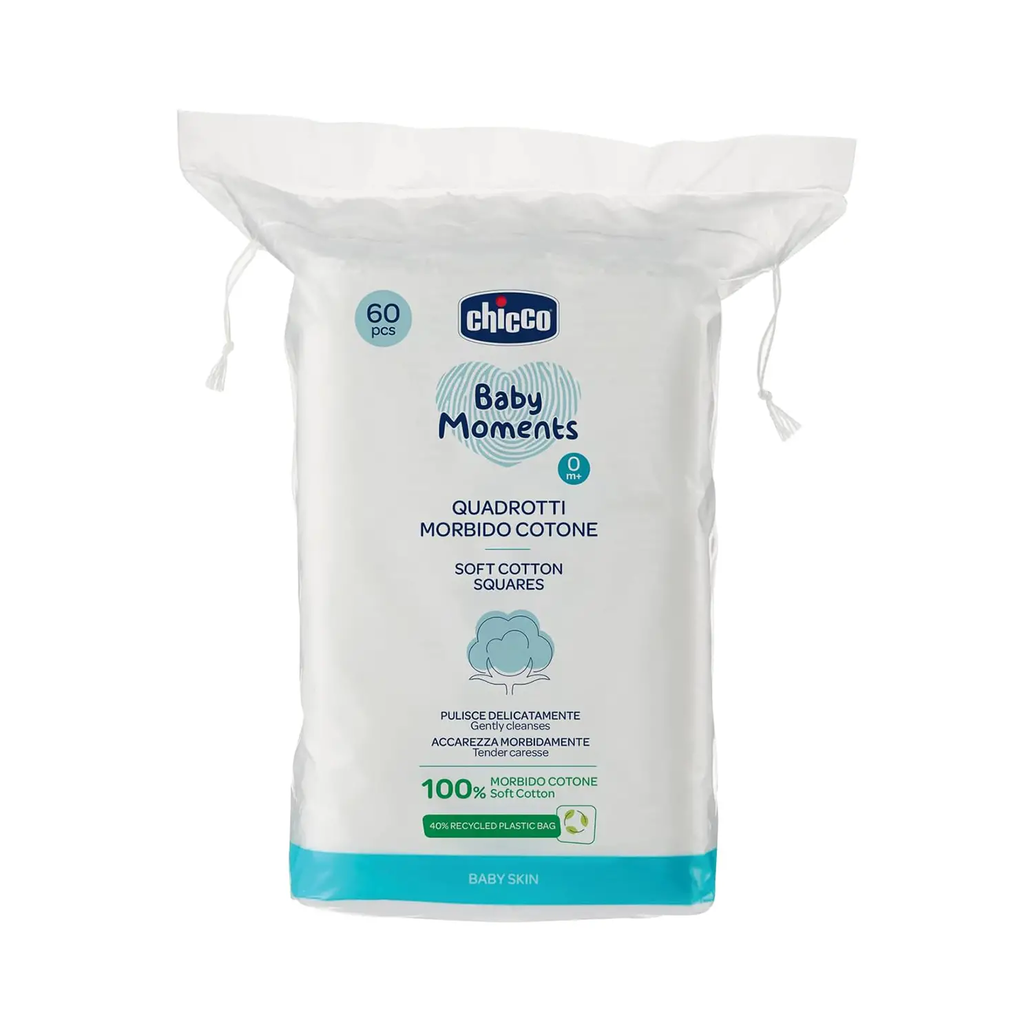 Chicco Baby Moments Quadrotti Morbido Cotone 60 pz - Cura Delicata per la Pelle del Neonato - cosmesi e igiene