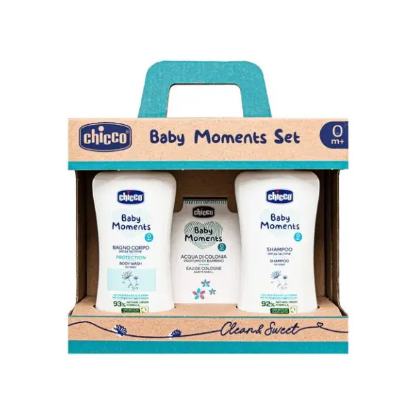 Chicco Baby Moments Set Cura Completa - Bagno Corpo Capelli, Crema Corpo e Acqua di Colonia - cosmesi e igiene