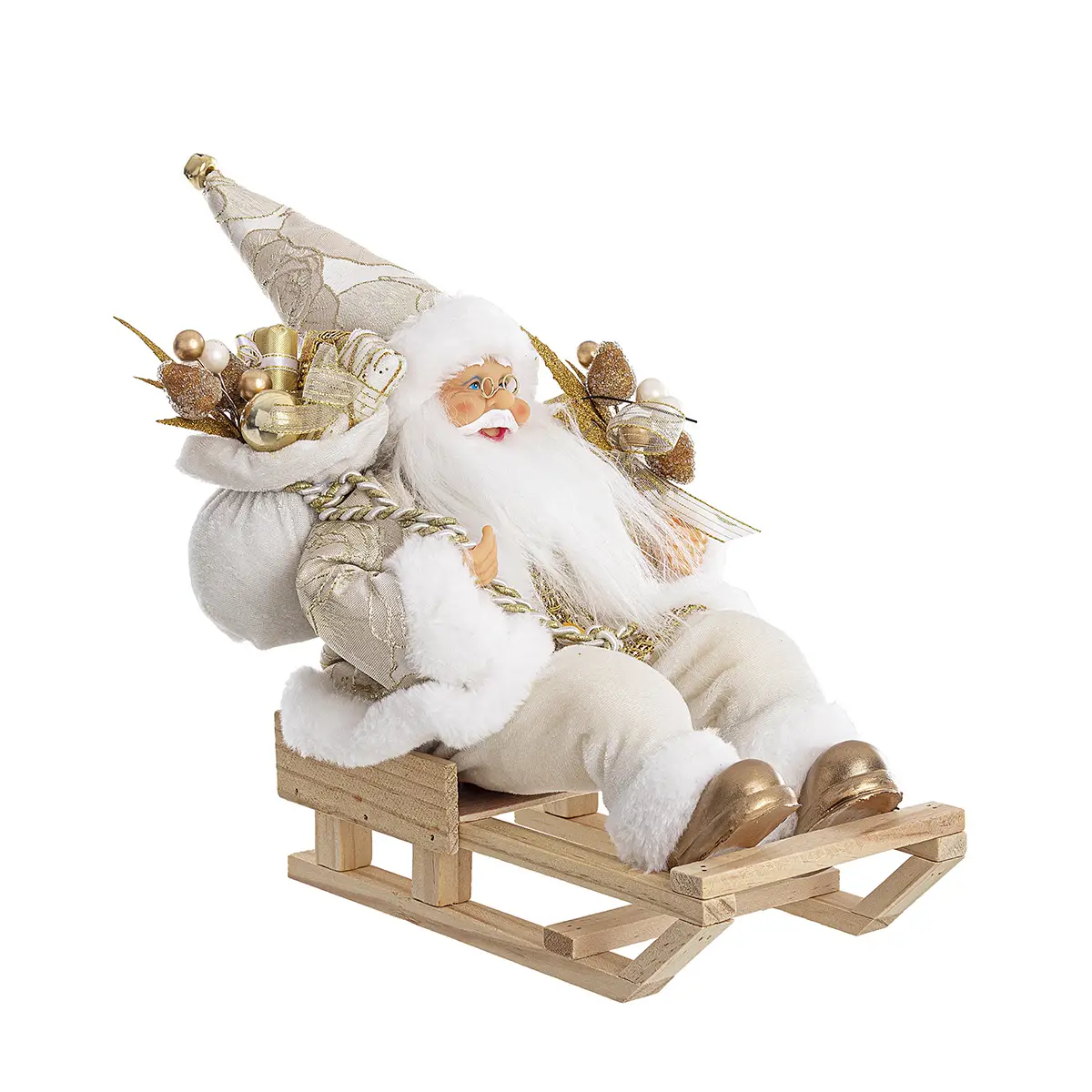 Babbo Eduard Seduto con Slitta Champagne – Altezza 23 cm - addobbi casa