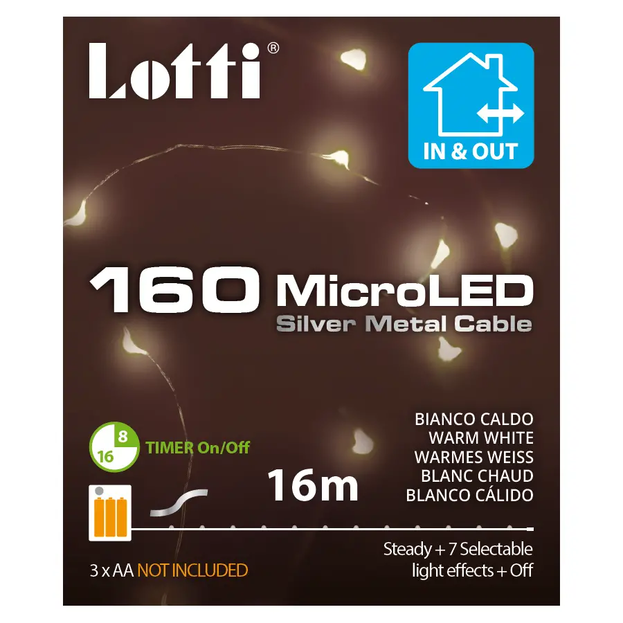 Luci di Natale Lotti - Catena 160 Micro Led Bianco Caldo - Filo Silver da 16 metri - luci