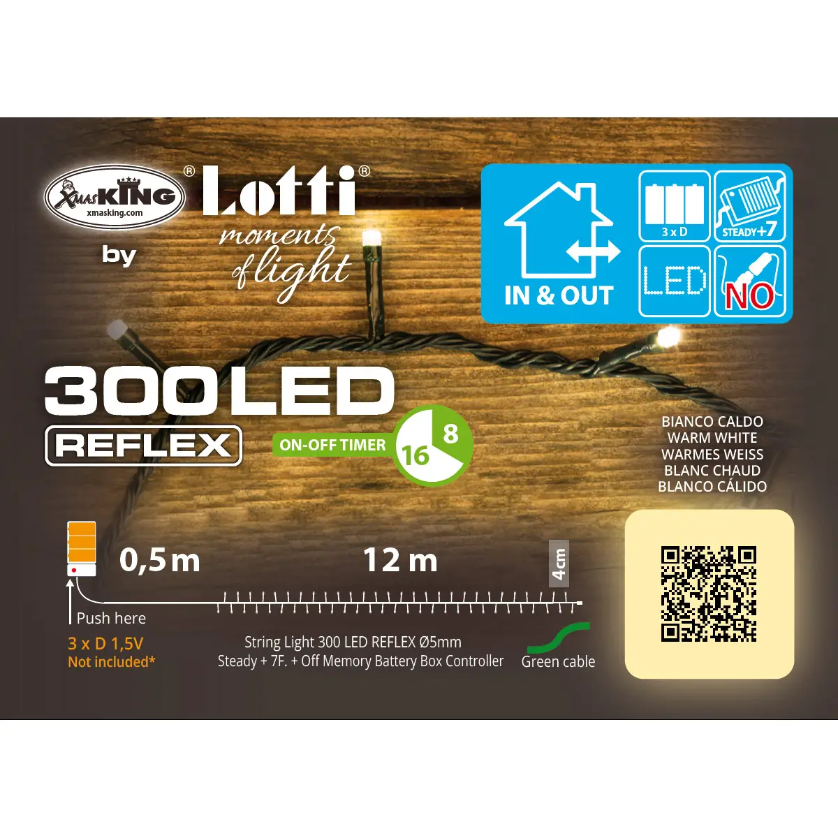 Luci di Natale Lotti - Catena 300 Led Bianco Caldo a Batteria - Filo Verde da 12 metri - luci