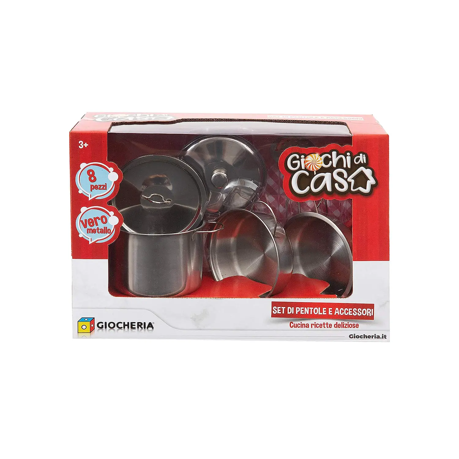 Giochi di Casa - Set Pentole in Metallo 8 Pezzi per Bambini - Alimenti, mercatini, stoviglie