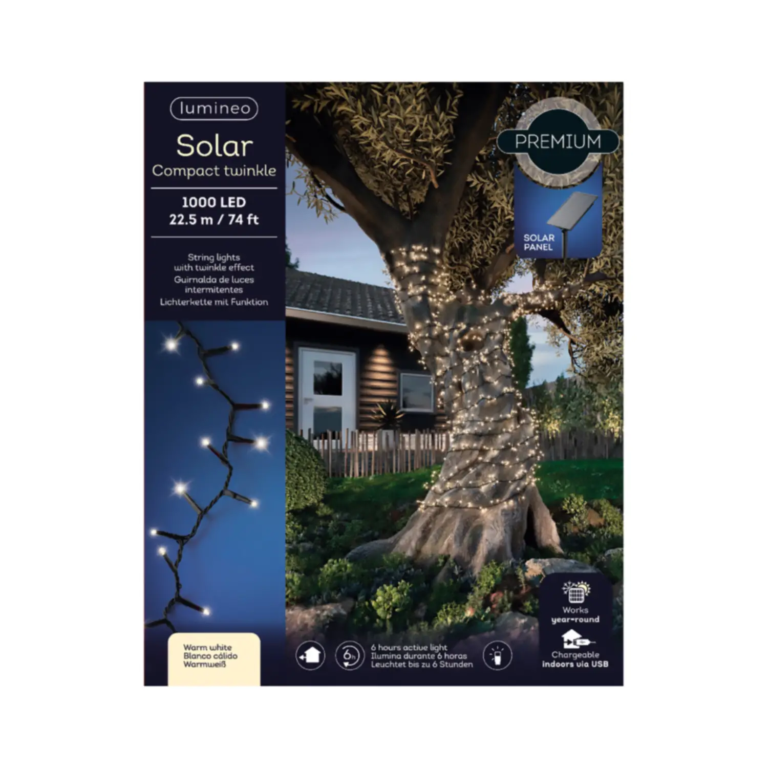 Luci di Natale Lumineo Solar - 1000 Led Bianco Caldo - Filo da 22,5 metri - luci