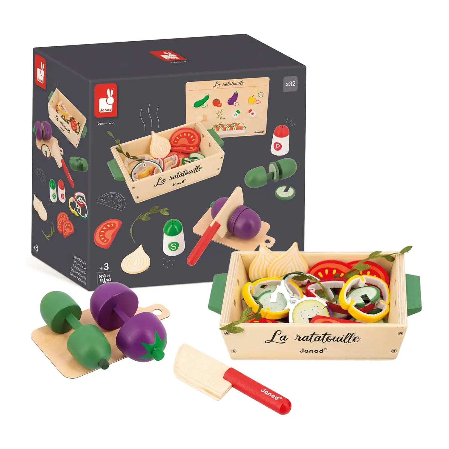 Janod - Set Ratatouille - 32 Accessori da Cucina, Utensili e Verdure - Alimenti, mercatini, stoviglie