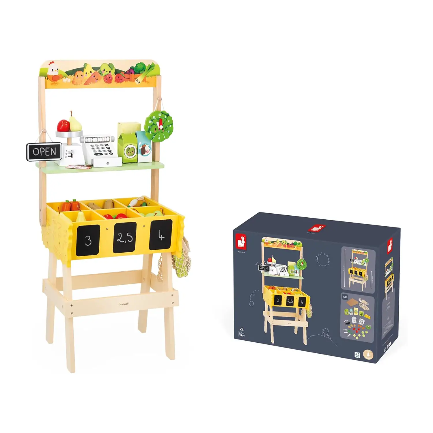 Janod - Bancarella Bambini Farm Market con 32 Accessori - Alimenti, mercatini, stoviglie