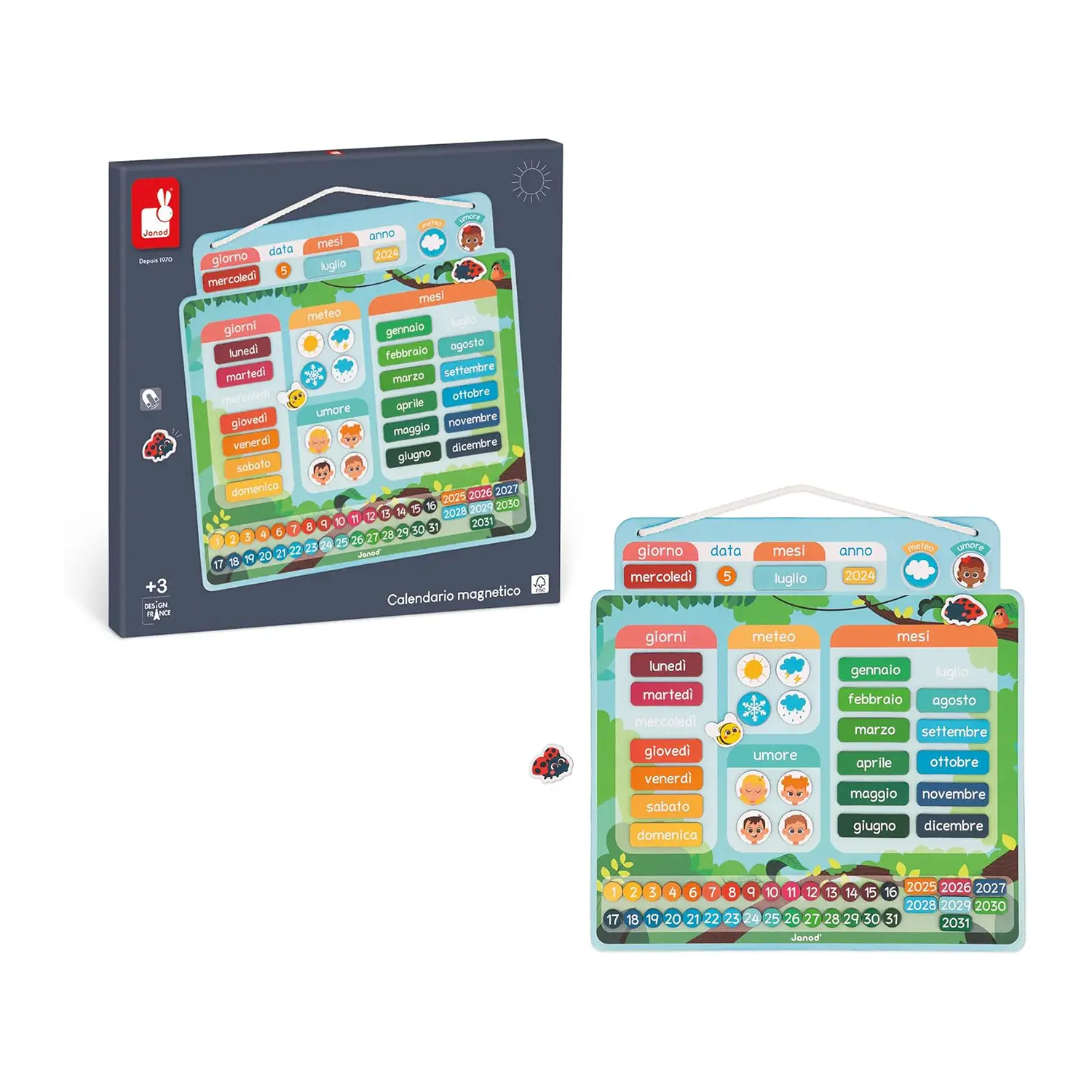 Janod - Magnetic Calendar Italian Version with 71 Magnets - Associations and Tombolas