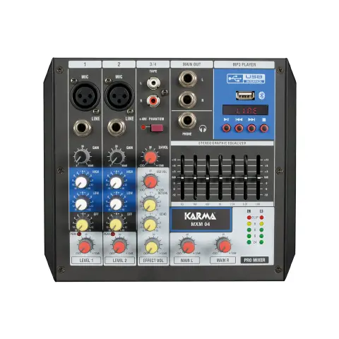 Mixer Microfonico 4 Canali con Equalizzatore, Effetto Eco, Connessione USB RCA XLR Bluetooth