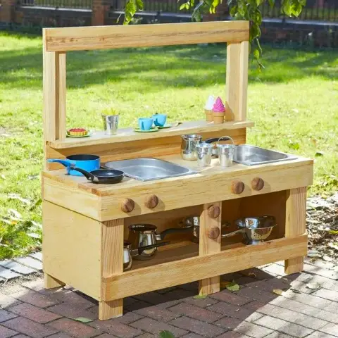 Cucina Gioco in Legno da Esterno per Bambini con Lavagna e Doppi Lavelli