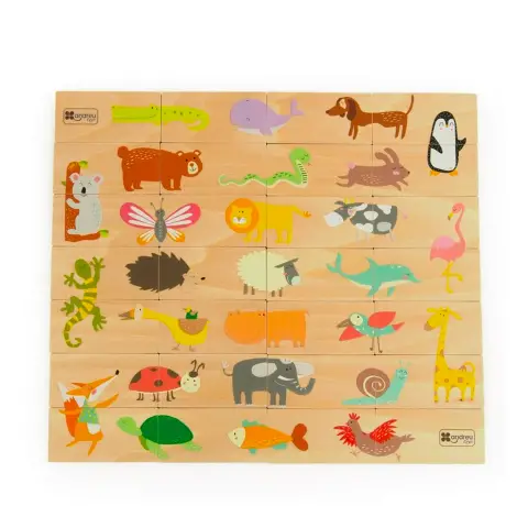 Domino Puzzle Animali e Quantità in Legno, 28 Tessere Doppia Faccia per Bambini
