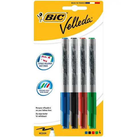 Blister Pack of Bic Whiteboard Round Tip Markers 4 Assorted Colors