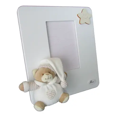 CORNICE PORTAFOTO VERTICALE IN LEGNO CON ORSO BEIGE IN STOFFA