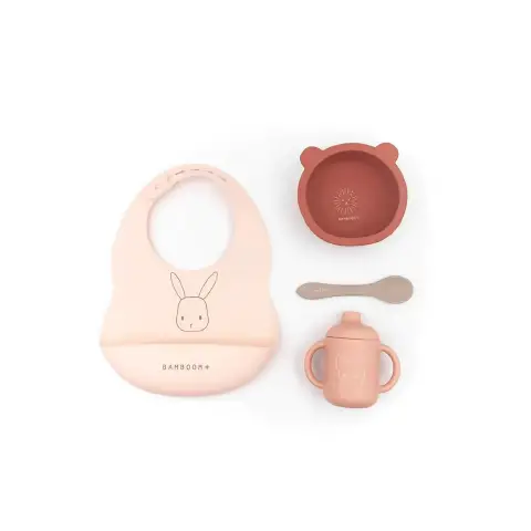Bamboom Silicone Baby Set ( Bib Bowl Spoon Cup with Spout) Pink