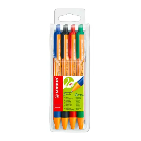 Stabilo Pointball Snap Pens Blister 4 Colors Black Red Green Blue