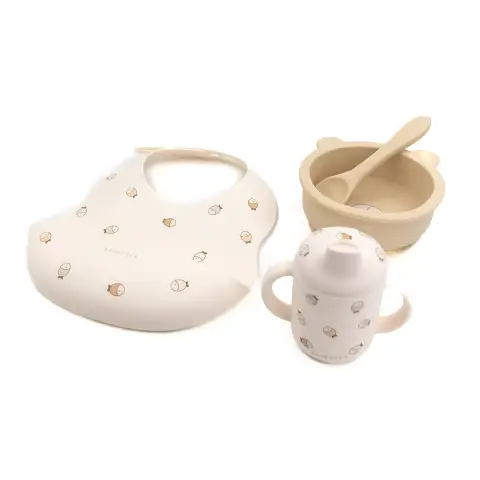 Bamboom Set Baby in Silicone ( Bavaglino Scodella Cucchiaio Bicchiere con Beccuccio) Fishes