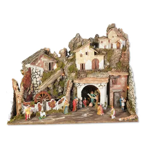 Presepe Completo 76x40x54 cm con Mulino, 13 Statuine e 20 Luci