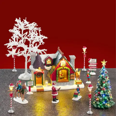 Lemax Santa's Snack Shack Set con Elfi e Renne Volanti