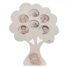 White Wood Genialogical Tree 6 Photo Holder with Pink Bear