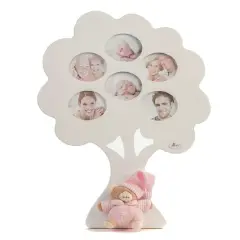 GENIALOGICAL TREE PHOTO HOLDER WHITE WOOD 6 PHOTOS WITH PINK FABRIC BEAR