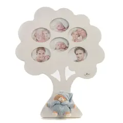 White Wooden Genialogical Tree Photo Frame 6 Photos with Heavenly Fabric Bear