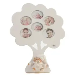 White Wood Genialogical Tree 6 Photo Holder with Fabric Bear Beige