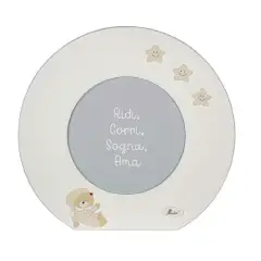 WHITE WOODEN PHOTO HOLDER WITH BEIGE BEAR ROUND DIAM.32