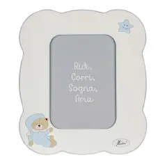 WHITE WOODEN DAISY PHOTO FRAME WITH LIGHT BLUE VERTICAL BEAR