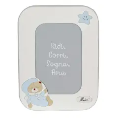 WHITE WOODEN PHOTO FRAME WITH LIGHT BLUE VERTICAL BEAR