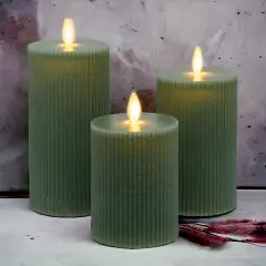 Set of 3 Green Ribbed MF Moving Flame Cylindrical Candles