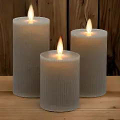 Set of 3 MF Moving Flame Ribbed Cylindrical Candles Turtledove