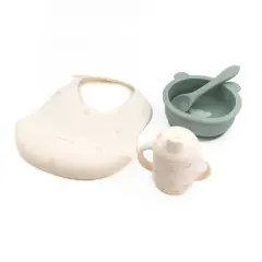 Bamboom Set Baby in Silicone ( Bavaglino Scodella Cucchiaio Bicchiere con Beccuccio) Animal Friends