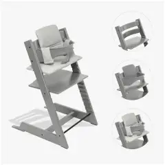 Tripp Trapp Storm Grey Bundle with Baby Set Grey and Nordic Grey Stokke Pillow
