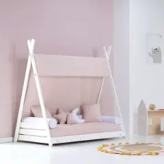 Alondra Letto Montessori a Casetta 90x200cm Bianco con Tessile Rosa